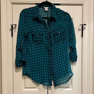 Teal and Black Checkered Button-Up Shirt